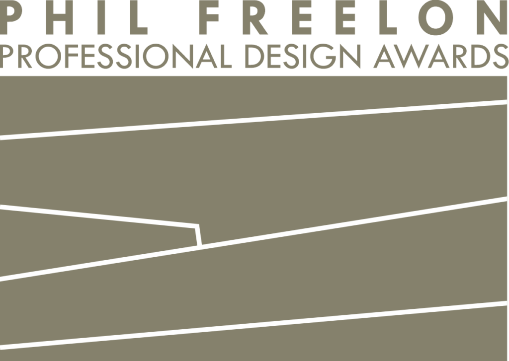 Phil Freelon Professional Design Awards logo - an abstraction of facade elements, five simple lines cutting across a deep beige field